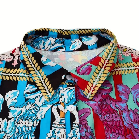 Plus Size Boho Dress, Women's Plus Patchwork Floral Print Long Sleeve Button Up - Picture 4 of 5